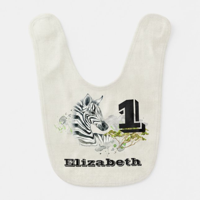 Cute Safari Zebra With Name And Age Personalized Baby Bib (Front)