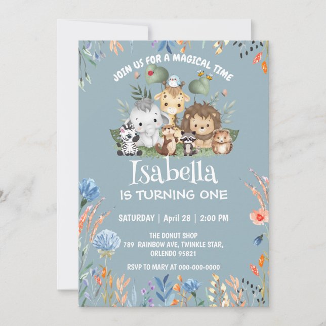 cute safari zoo animal jungle Floral Birthday name Invitation (Front)