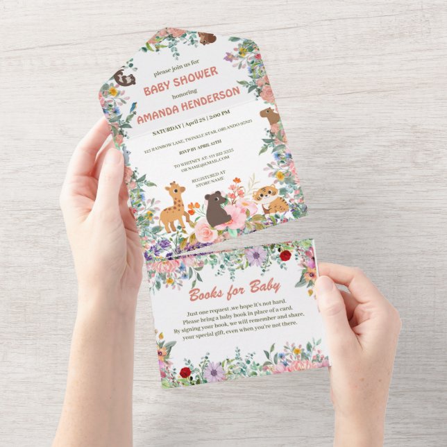 Cute safari zoo animals jungle floral baby shower  all in one invitation (Tearaway)