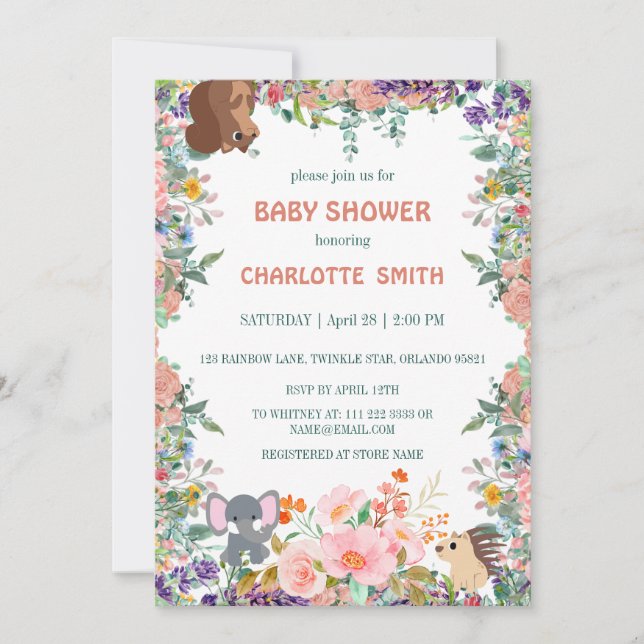 cute safari zoo animals jungle floral baby shower invitation (Front)