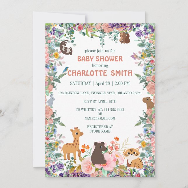 Cute safari zoo animals jungle floral baby shower  invitation (Front)