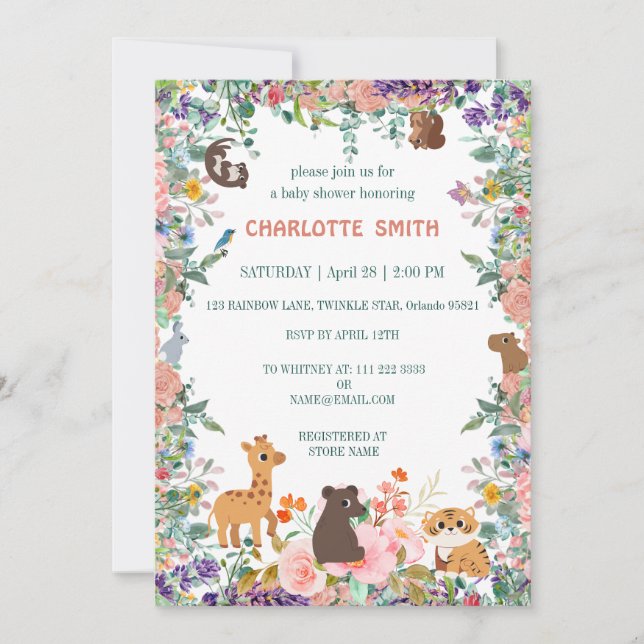 cute safari zoo animals jungle flower baby shower invitation (Front)