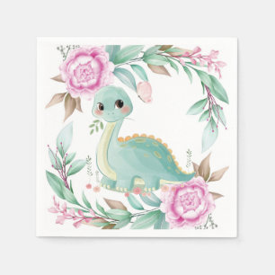 Cute Sage Dinosaur and Pink Peony Baby Shower Napkins