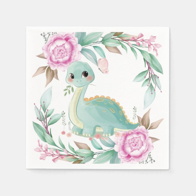Cute Sage Dinosaur and Pink Peony Baby Shower  Napkins (Front)