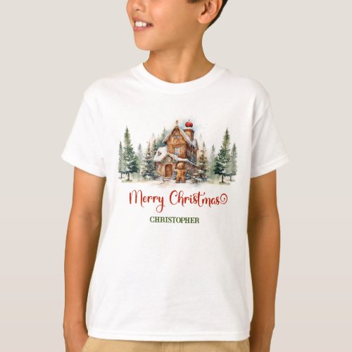 Cute sage green and red gingerbread house forest  T_Shirt