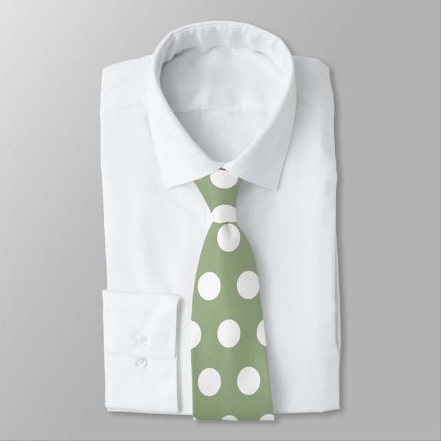 Cute sage green and white large polka dots neck tie (Tied)