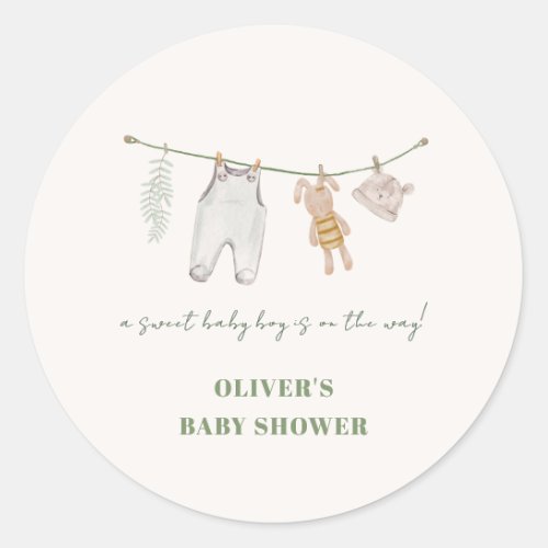 Cute Sage Green Boho Boy Clothes Baby Shower  Classic Round Sticker