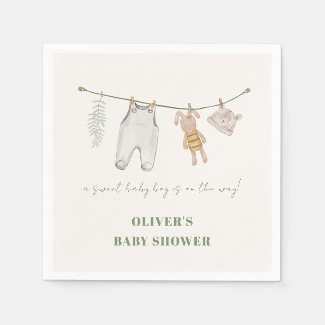 Cute Sage Green Boho Boy Clothes Baby Shower  Napkins (Front)