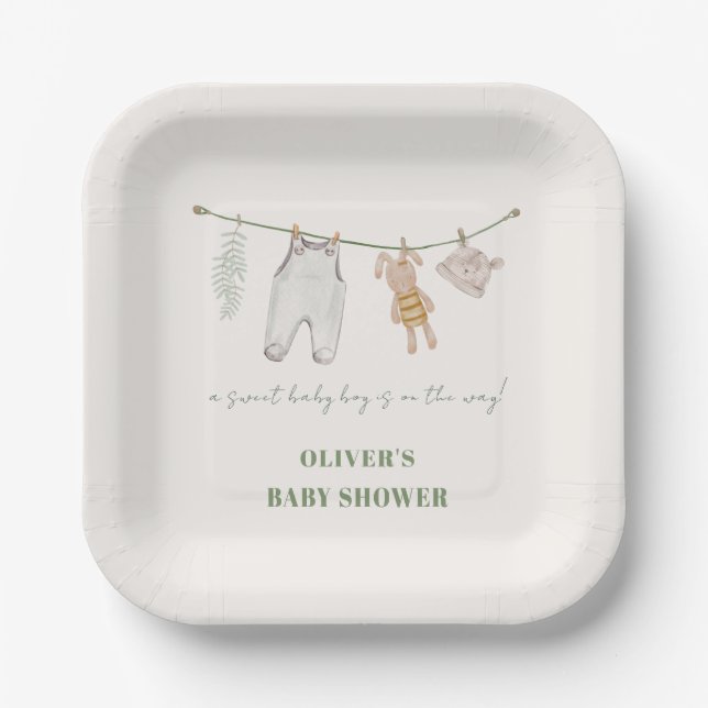 Cute Sage Green Boho Boy Clothes Baby Shower  Paper Plates (Front)