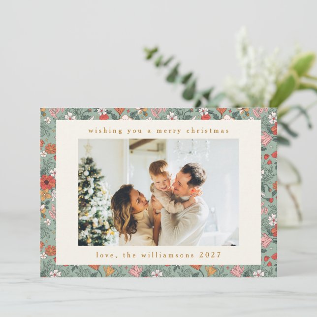 Cute Sage Green Botanical Custom 2 Photo Christmas Holiday Card (Standing Front)