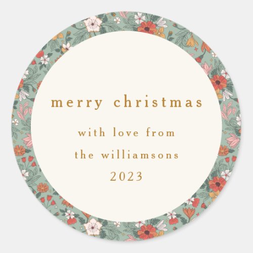 Cute Sage Green Botanical Custom Merry Christmas Classic Round Sticker