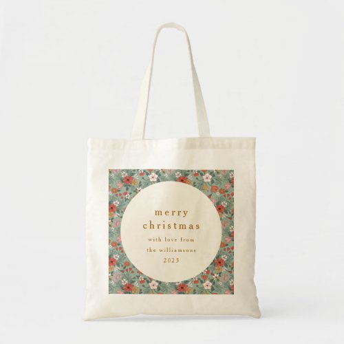 Cute Sage Green Botanical Custom Merry Christmas Tote Bag
