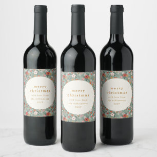 Cute Sage Green Botanical Custom Merry Christmas Wine Label