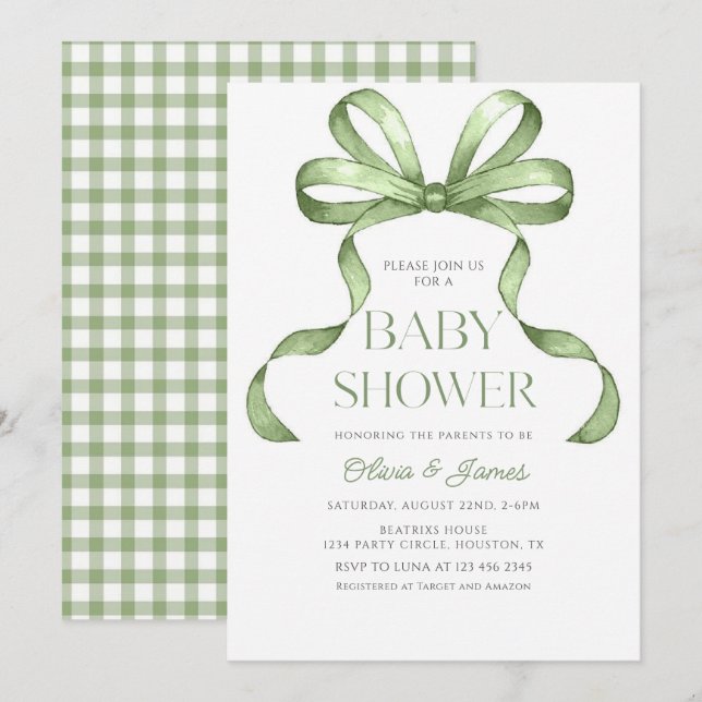 Cute sage green Bow Gingham Baby Shower Invitation (Front/Back)