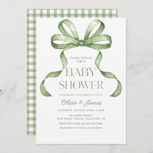 Cute sage green Bow Gingham Baby Shower Invitation