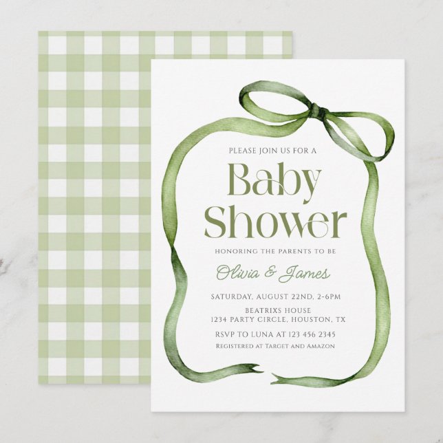 Cute sage green Bow Gingham Baby Shower Invitation (Front/Back)