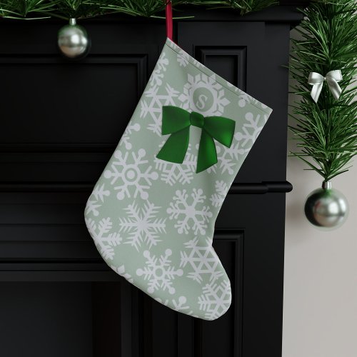 Cute Sage Green Bow Monogrammed Snowflake Pattern Small Christmas Stocking