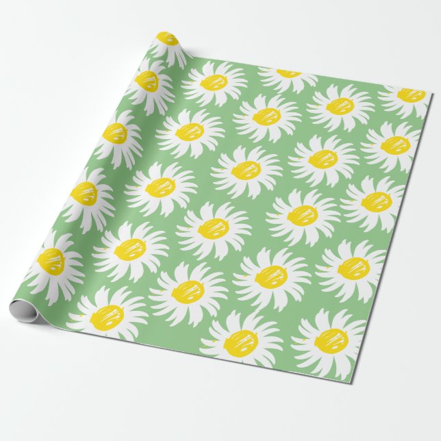 Cute sage green daisy floral pattern spring chic wrapping paper (Unrolled)