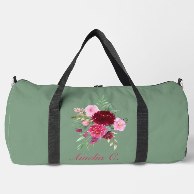 Cute Sage Green Floral Duffel Bag (Front)