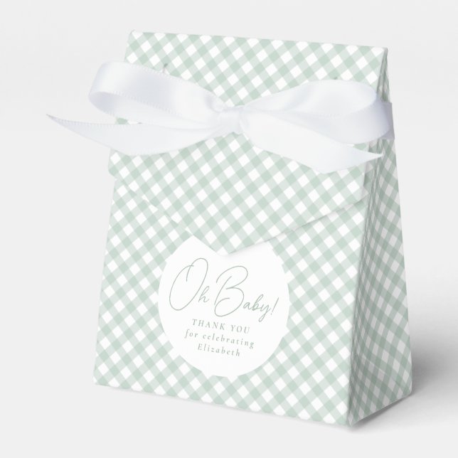 Cute sage green gingham neutral baby shower favor boxes (Front Side)