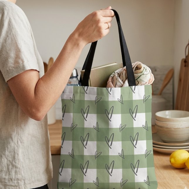 Cute Sage Green Gingham Plaid Hearts Pattern  Tote Bag (Creator Uploaded)