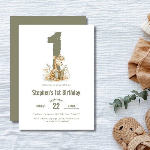  Cute Sage Green Giraffe 1st Birthday Party  Invitation