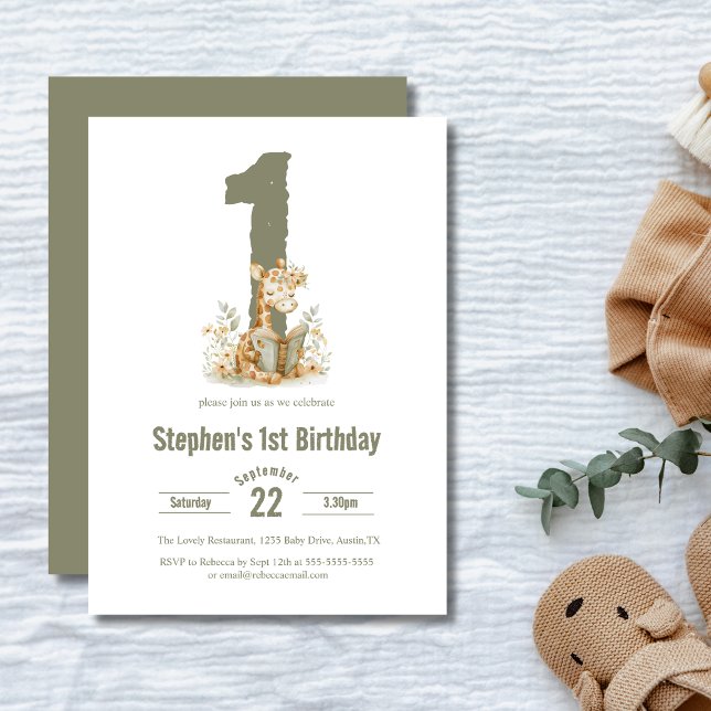  Cute Sage Green Giraffe 1st Birthday Party  Invitation (Creator Uploaded)