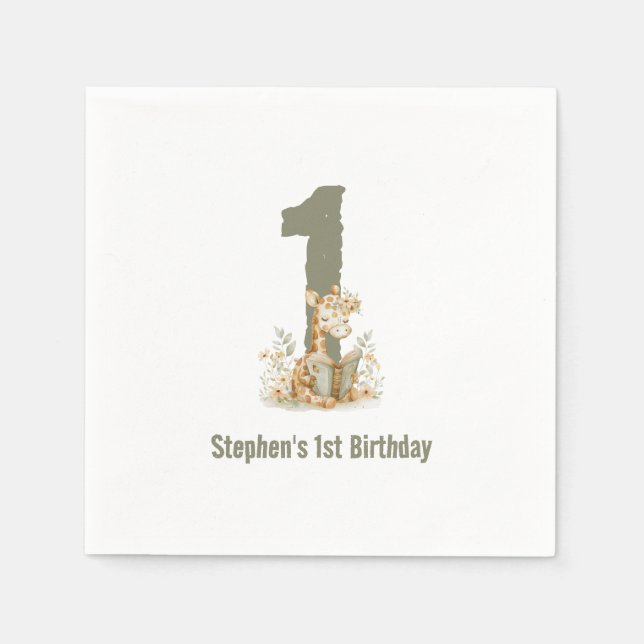  Cute Sage Green Giraffe 1st Birthday Party  Napkins (Front)