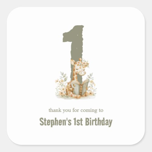  Cute Sage Green Giraffe 1st Birthday Party  Square Sticker