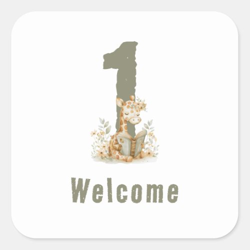  Cute Sage Green Giraffe 1st Birthday  Welcome Square Sticker