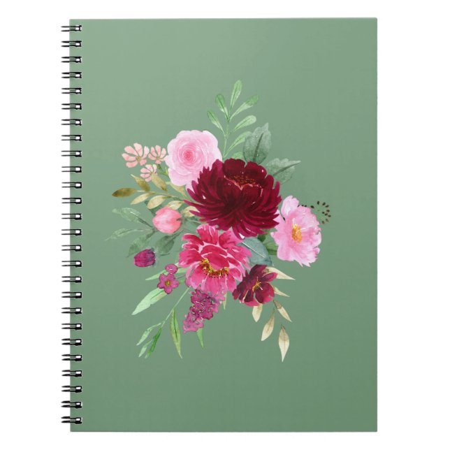 Cute Sage Green Girly Floral Notebook (Front)