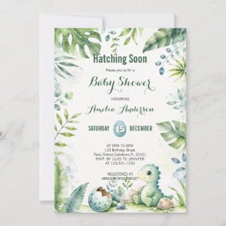Cute Sage Green Jungle Dinosaur Baby Shower Invitation