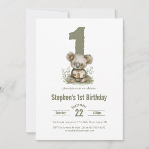 Cute Sage Green Koala Bear 1st Birthday Party Invitation