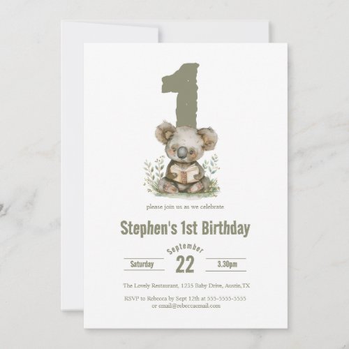  Cute Sage Green Koala Bear 1st Birthday Party  Invitation