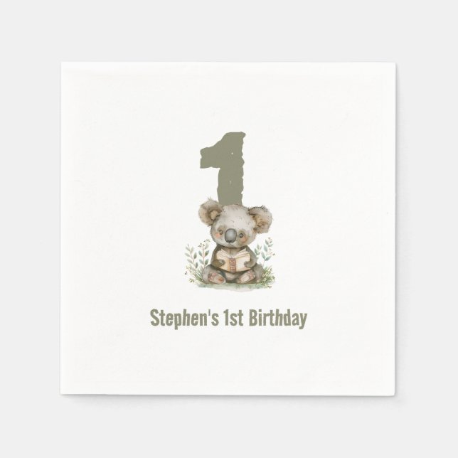  Cute Sage Green Koala Bear 1st Birthday Party  Napkins (Front)
