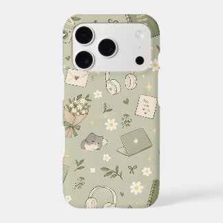 Cute Sage Green Matcha Cat & Bookish Collage iPhone 17 Pro Case