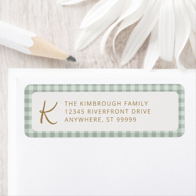 Cute Sage Green Monogram Gingham Plaid Label (Insitu)