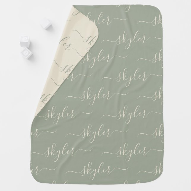 Cute sage green off white script name pattern baby blanket (In Situ)