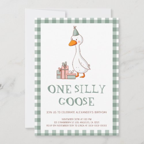 Cute Sage Green One Silly Goose 1st Birthday Invitation
