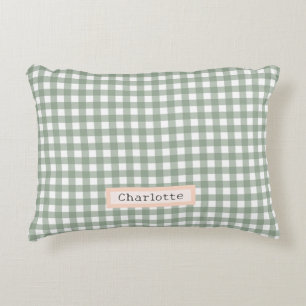 Cute Sage Green Plaid Personalized Accent Pillow