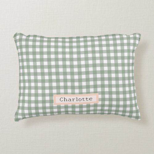 Cute Sage Green Plaid Personalized  Accent Pillow