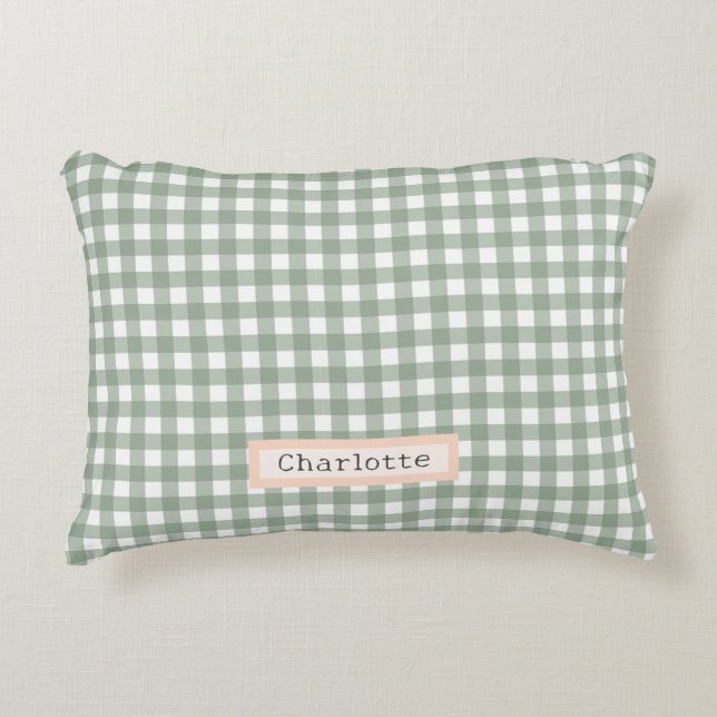 Cute Sage Green Plaid Personalized  Accent Pillow (Front)