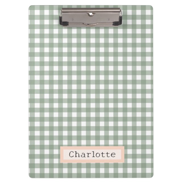 Cute Sage Green Plaid Personalized  Clipboard (Front)
