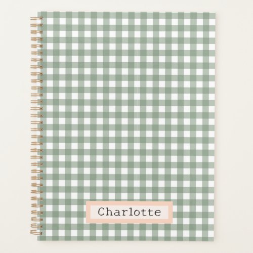 Cute Sage Green Plaid Personalized  Planner