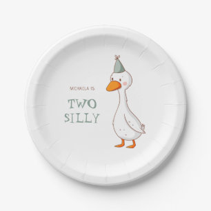 Cute Sage Green Two Silly Goose Birthday Paper Plates