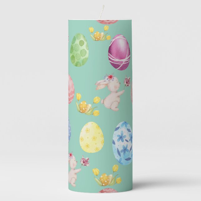 Cute Sage Green Watercolor Easter Bunny Pillar Candle (Front)
