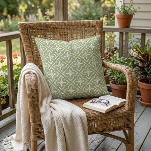 Cute Sage Green White Chic Retro Arabic Pattern Outdoor Pillow