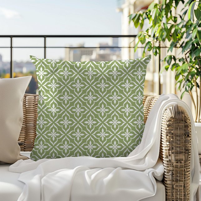 Cute Sage Green White Chic Retro Arabic Pattern Outdoor Pillow (Creator Uploaded)