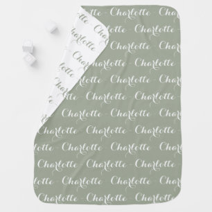 Cute sage green white custom script name pattern baby blanket