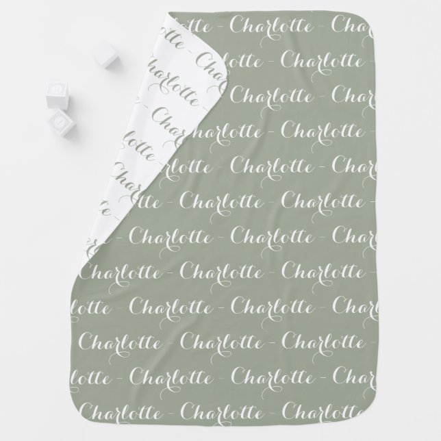 Cute sage green white custom script name pattern baby blanket (In Situ)